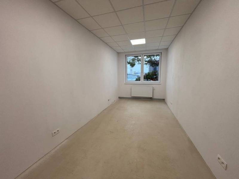 Empty office with white walls and ceiling, floor with wooden decor.