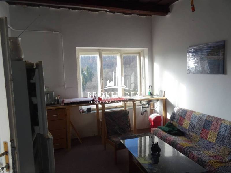 Living room with a couch and a view outside, Family house with simple furnishings.