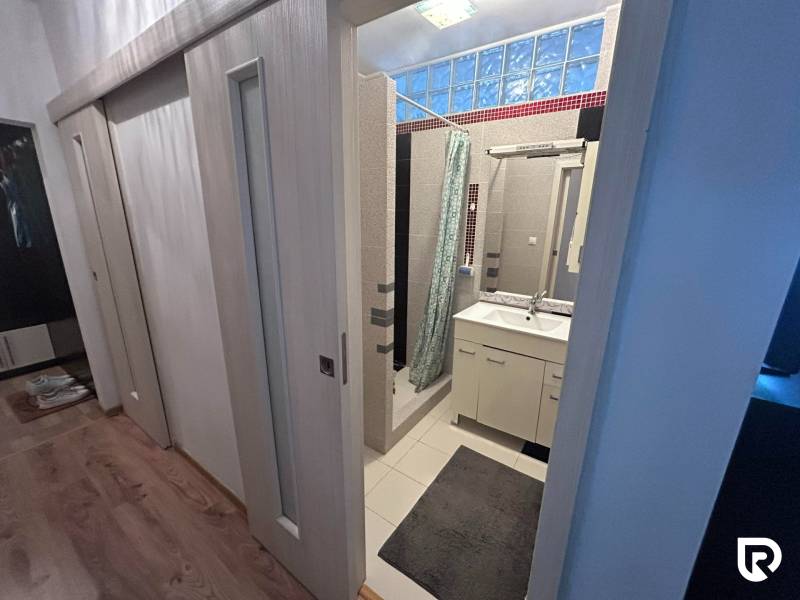 Bathroom in a studio apartment with a sink, shower corner, and floor with wood decor.