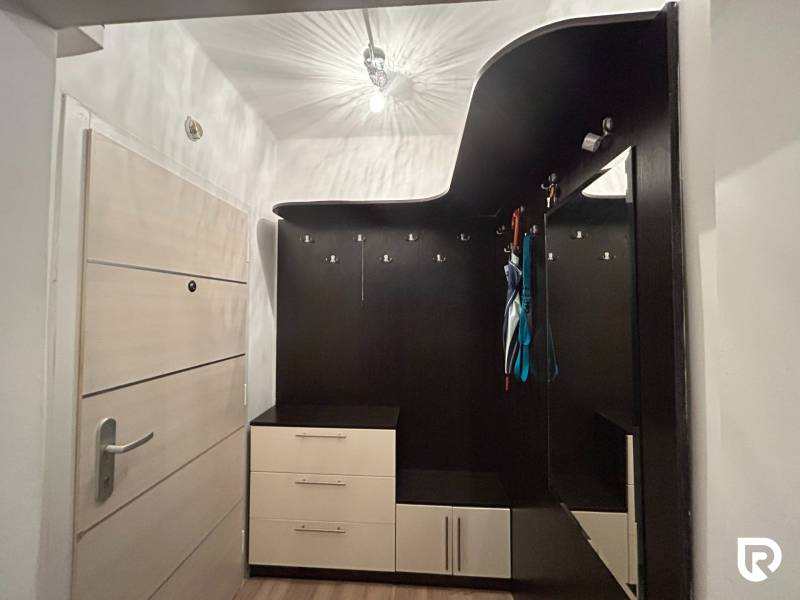 Entrance hall with practical furniture solution in a studio apartment with a wood-patterned floor.