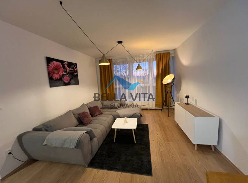 Living room in a 2-room apartment with a sofa and a wooden decor floor.