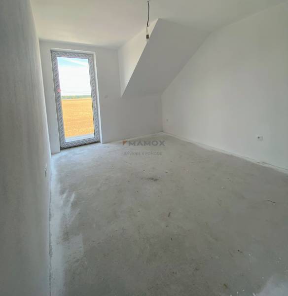 A room in a family house with glass doors and a sloped ceiling, empty floor.