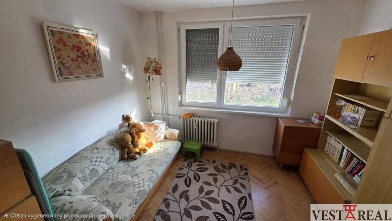 Children's room in a 3-room apartment with a sofa, bookshelf, and window, floor with wooden decor.