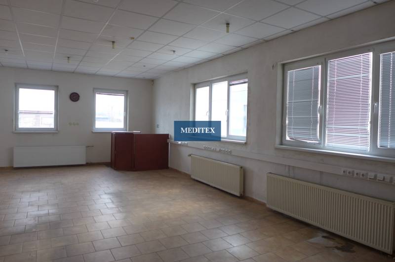 Office space in warehouses and halls with light-colored tiles and large windows.