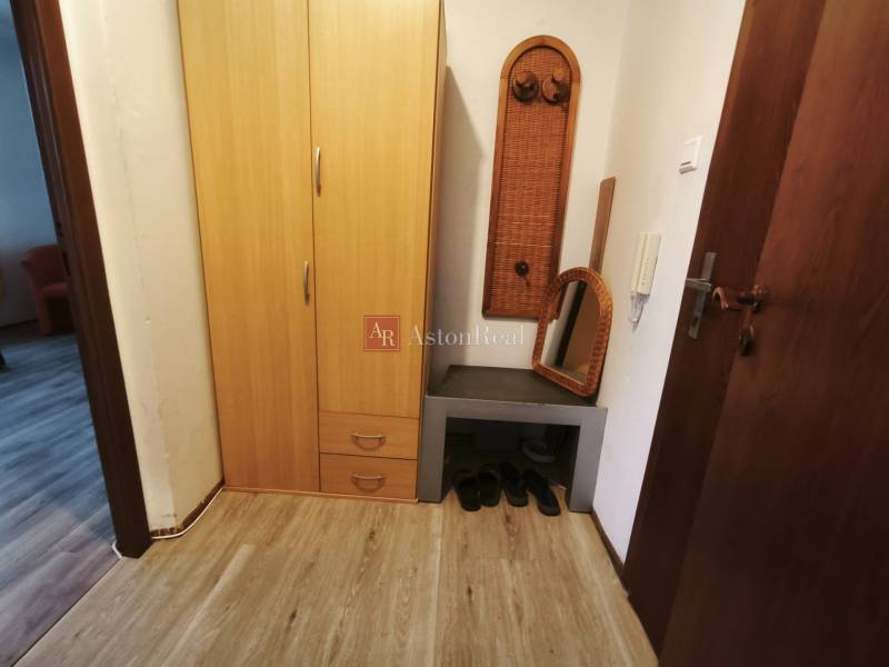 Entrance hall of a one-room apartment with a shelf, mirror, wardrobe, and floor with a wooden decor.