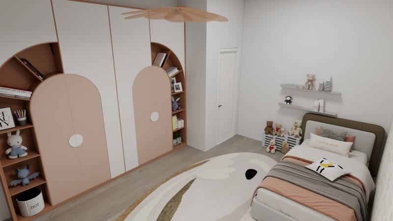 Children's room in a family house with a bed, cabinets, and decorative toys, floor with wooden decor.