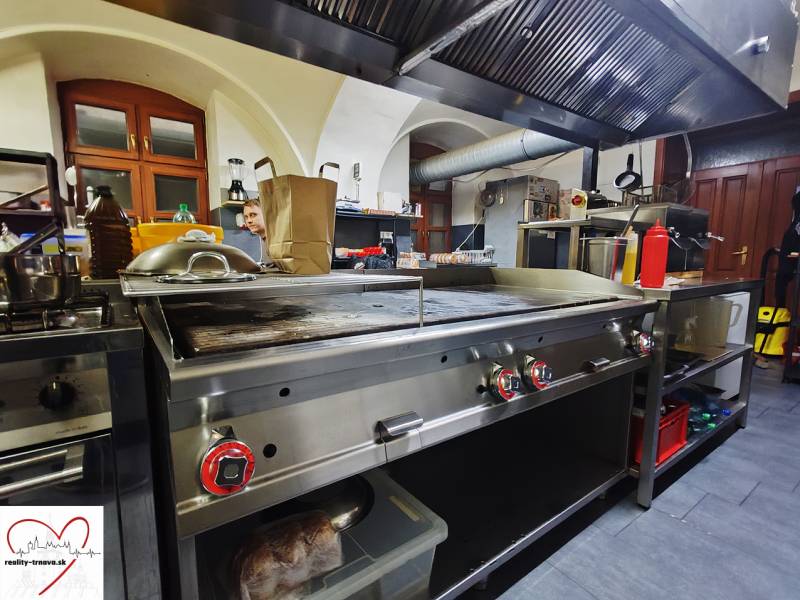 Kitchen gastro spaces with stainless steel equipment and a hood.