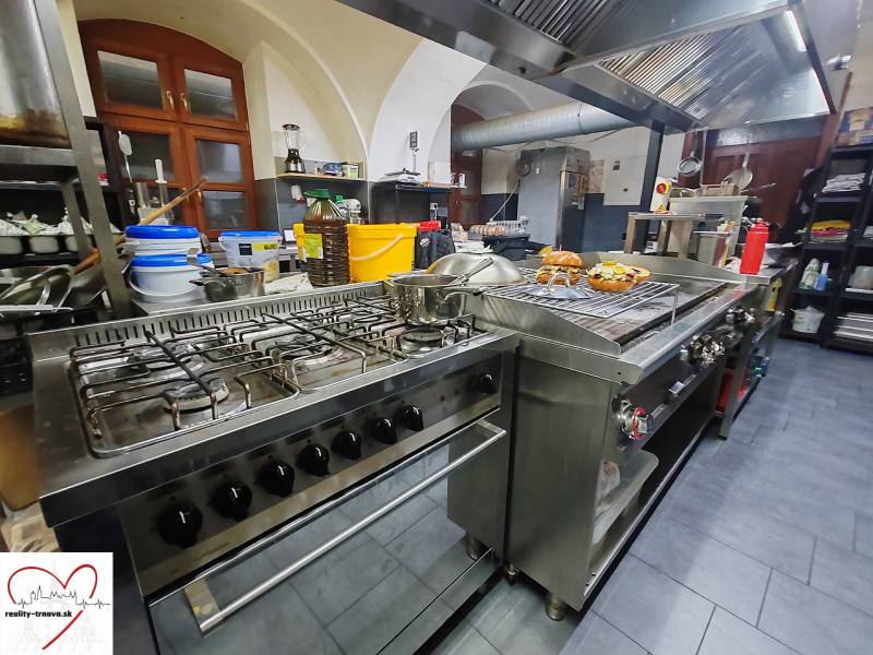 Professional kitchen in catering spaces with a stove and a steam extractor.