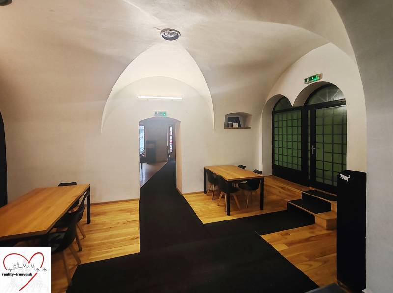 Gastro premises with vaulted ceilings and wooden decor flooring.