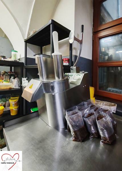 Kitchen gastro spaces with equipment and packaged ingredients.