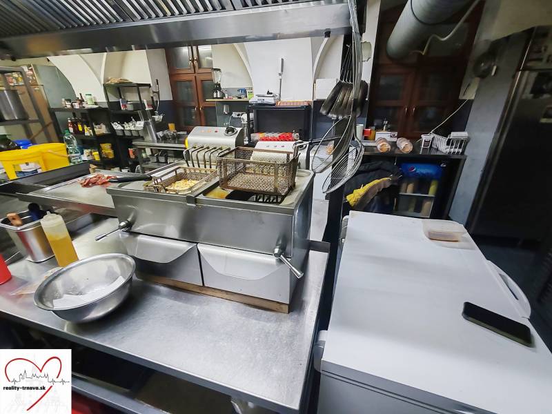 Professional kitchen with a fryer and grill in catering premises.