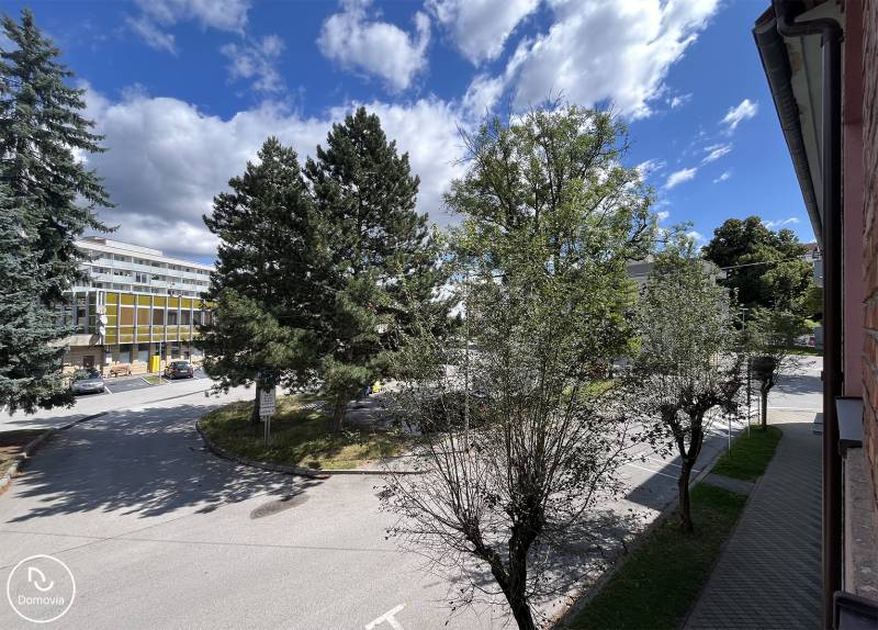 View from a 5 or more room apartment on Medveckého Street in Ružomberok, surrounded by trees.