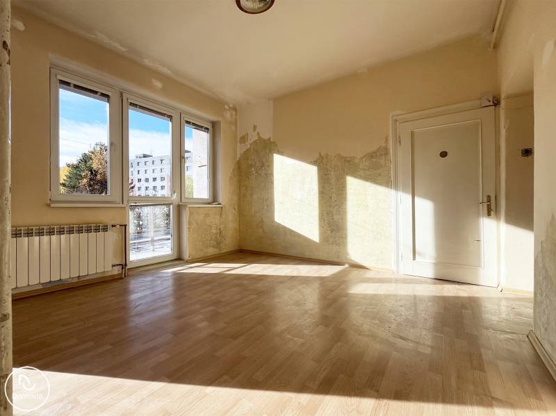 A room with light walls and a floor with a wood decor in a 5 or more room apartment.