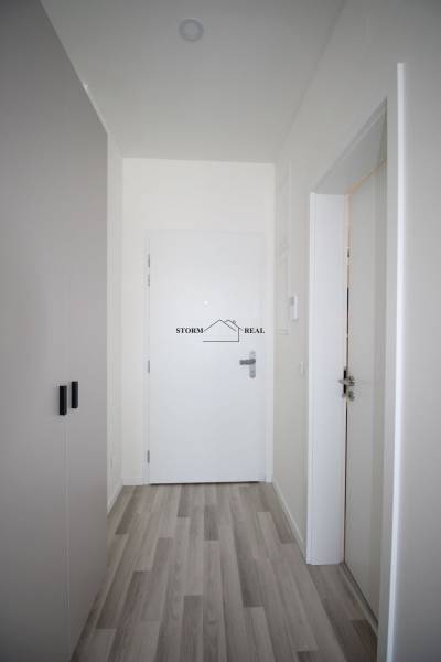 A hallway of a studio apartment with white walls and a floor with a wooden decor.