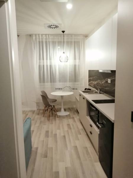 Studio apartment with wood-patterned flooring, a kitchenette, and a dining table with chairs.