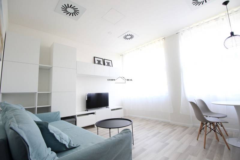 Living area of a studio apartment with a sofa, television, and wooden decor flooring.