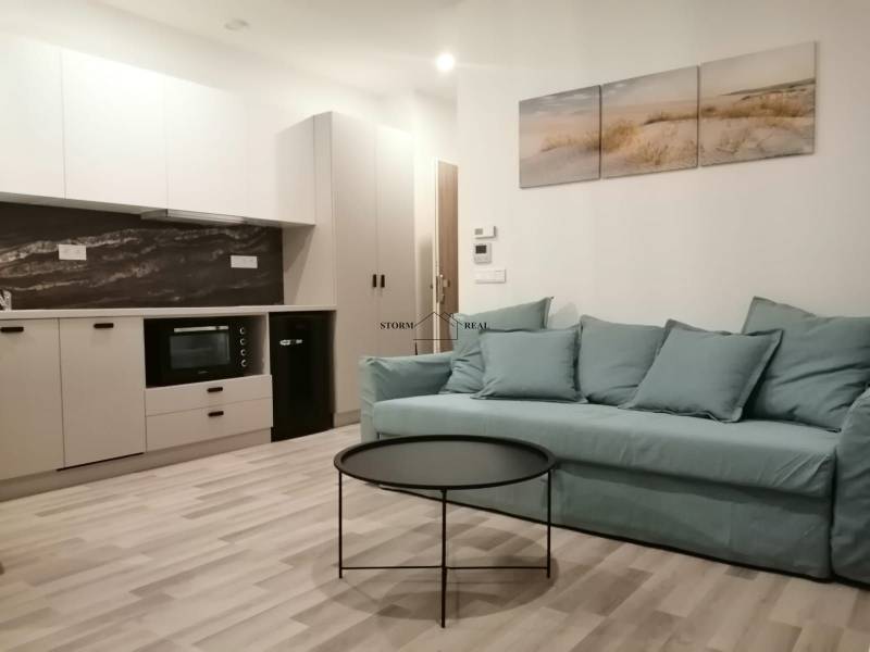 Studio apartment with a kitchen, blue sofa, round table, and wood-patterned flooring.