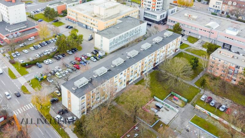 Aerial view of residential buildings and a parking lot on Zornička Street in Galanta.