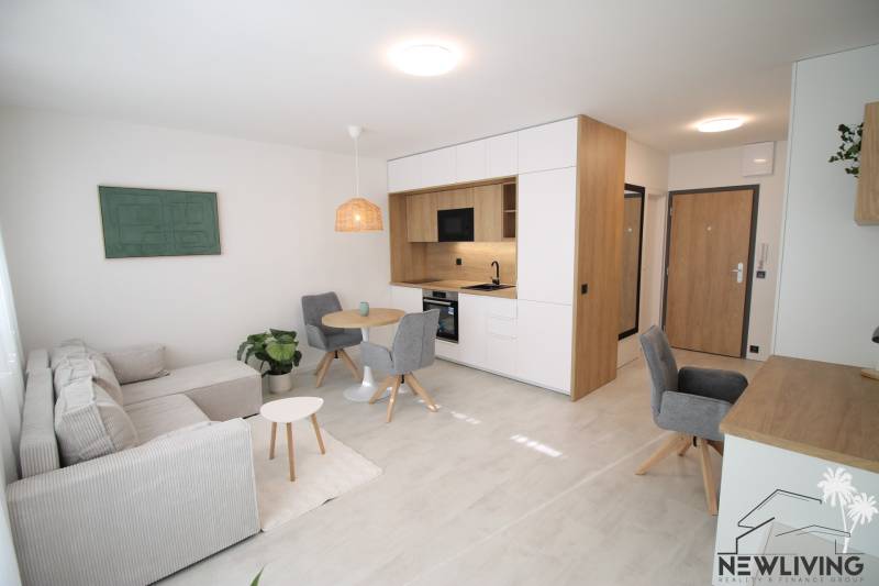 Interior of a 1-room apartment with a kitchenette, gray sofa, and dining table.