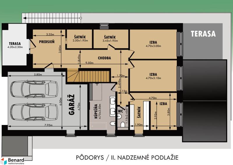 Floor plan of the second floor of a family house in Stará Ľubovňa with a terrace and a garage.