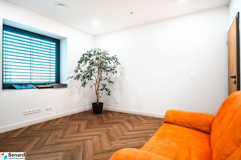 A room in a family house with an orange couch, a plant, and a wooden decor floor.