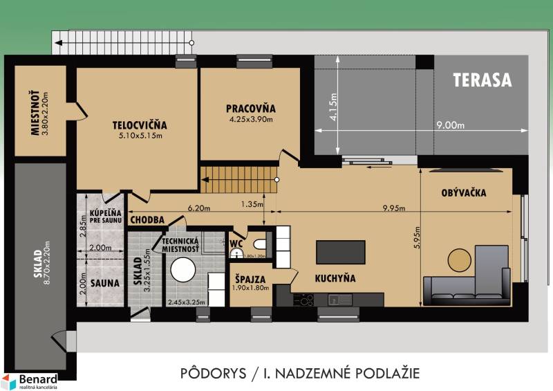 The floor plan of the family house shows a living room with a kitchen, a study, and a gym.