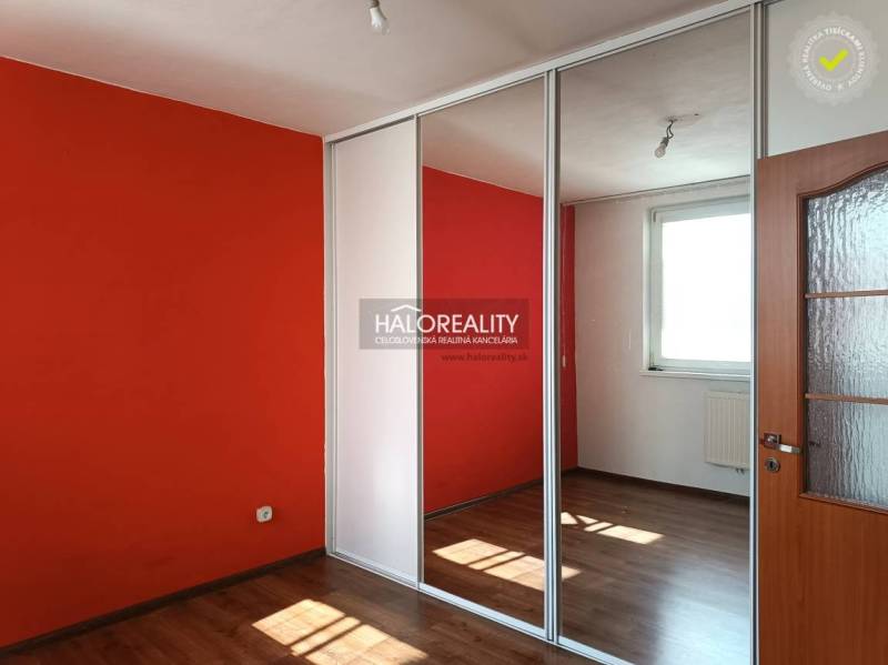 Red wall, mirrored wardrobe, floating floor, window, door, studio apartment.