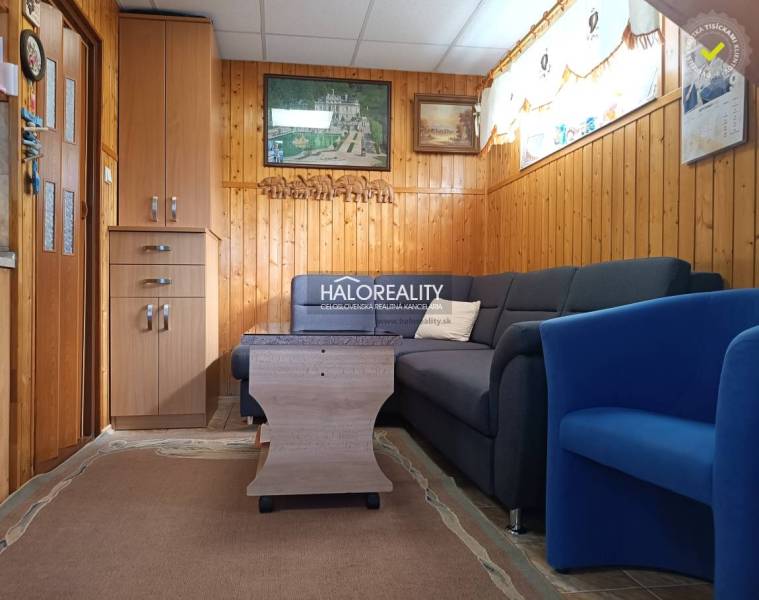 Living room in a cabin with a sofa, armchair, and wall paneling.