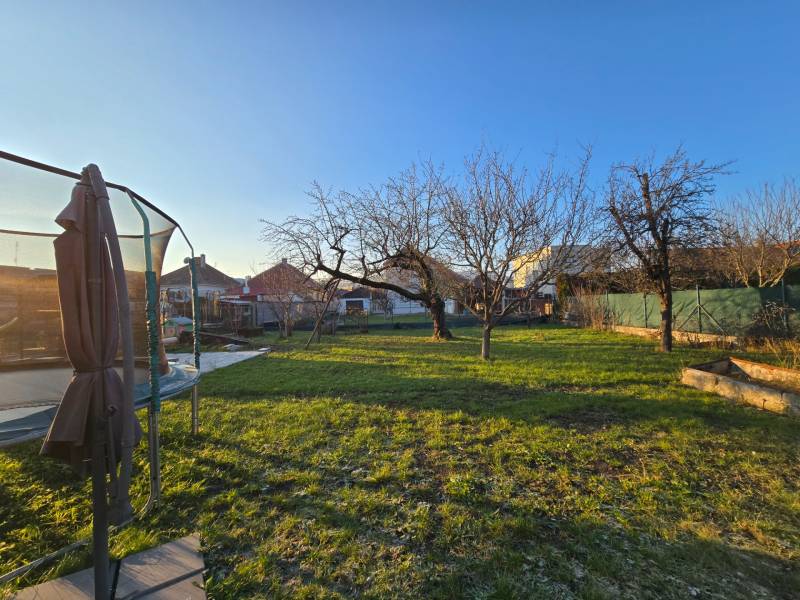 Garden at the family house on Slnečná Street in Nové Mesto nad Váhom, with trees and a trampoline.