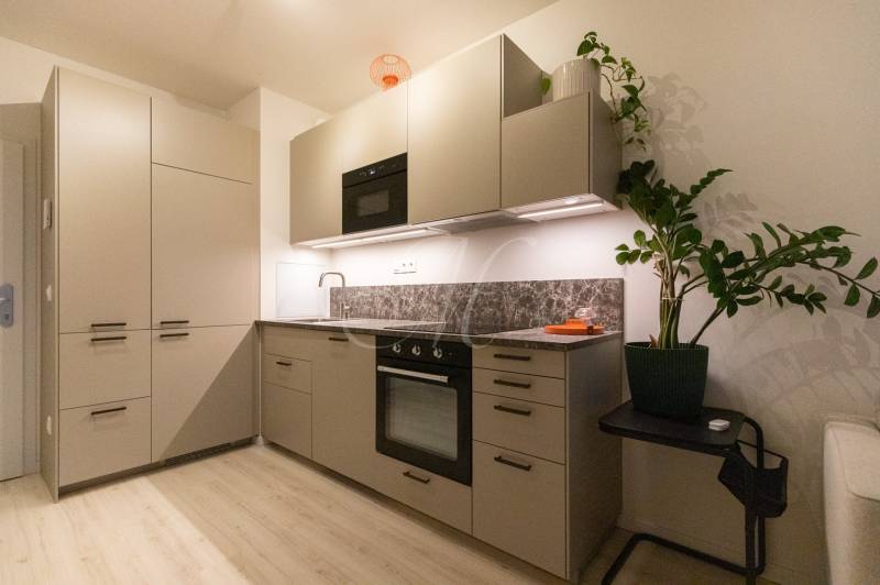 A kitchen unit in a one-room apartment with a wooden decor floor and kitchen appliances.