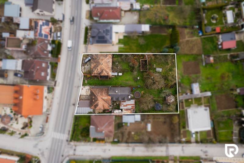 Aerial view of a family house with land on Partizánska Street in Bánovce nad Bebravou.