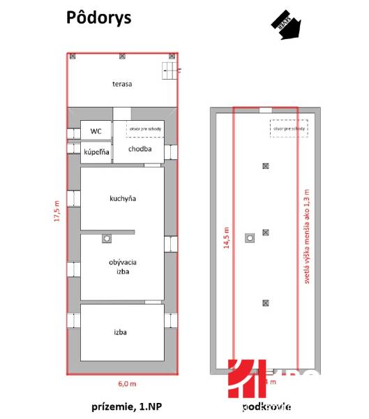 Floor plan of the cottage in Zliechov showing the terrace, rooms, and attic.