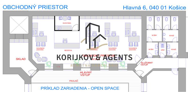 Floor plan of a commercial space with a reception, offices, kitchenette, and restrooms.