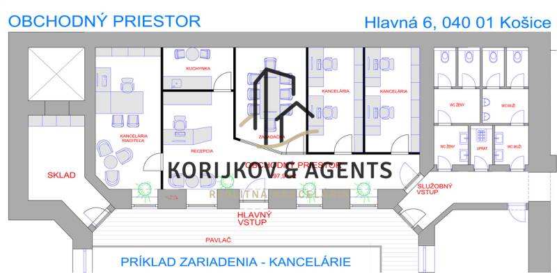 The floor plan of the commercial premises includes offices, a meeting room, a kitchenette, and storage rooms.