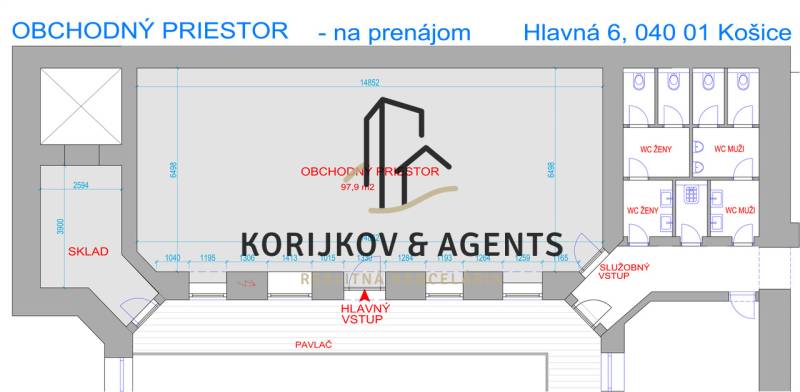 Floor plan of the commercial space for rent at Hlavná Street 6, Košice.