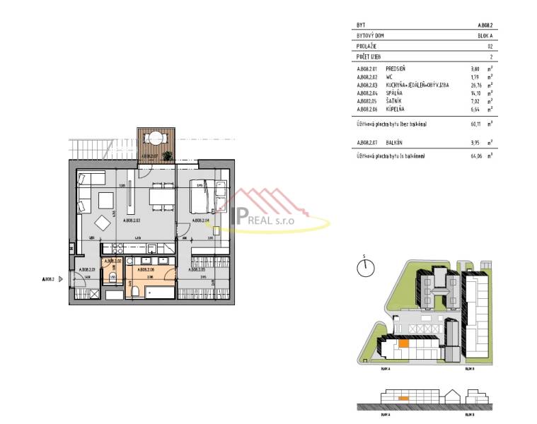 Floor plan of a 2-room apartment with a balcony, spacious living room, and wardrobe.