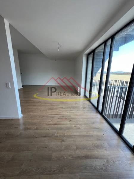 A bright living room of a two-room apartment with a wooden decor floor and large windows.