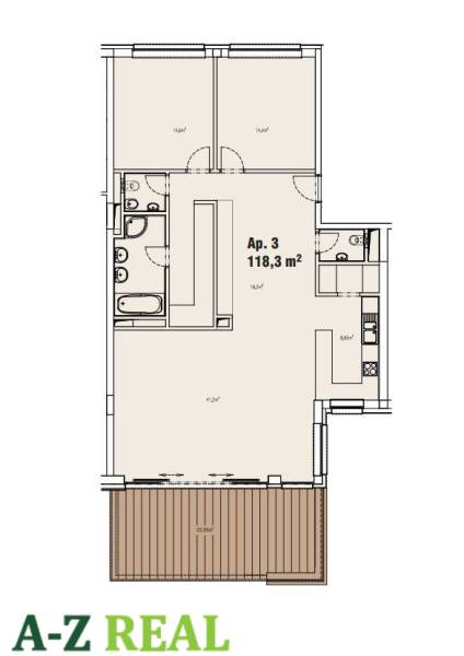 The floor plan shows a 3-room apartment with an area of 118.3 m² and a terrace.
