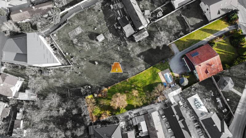 Aerial view of the garden and house in the villa on Andreja Sládkoviča Street in Žarnovica.