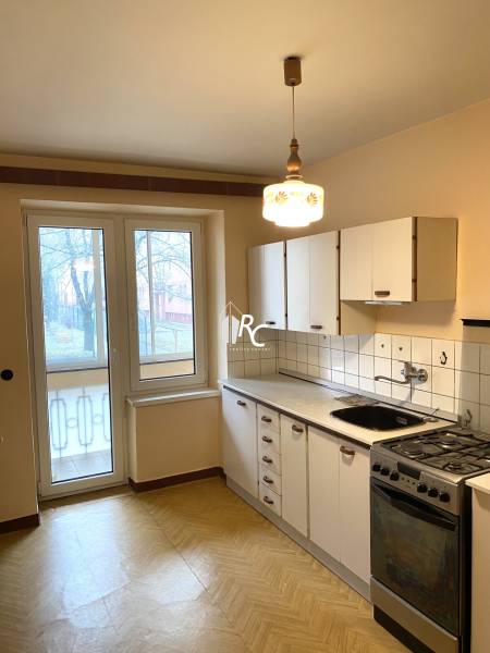 Kitchen in a 2-room apartment with a balcony, light, and a wooden decor floor.