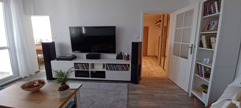 Living room with a coffee table, television, and bookshelf in a 3-room apartment with a wood-patterned floor.