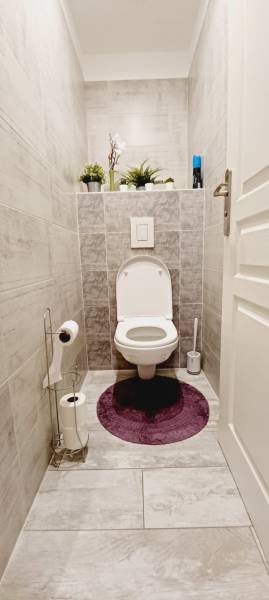 A toilet in a 3-room apartment with decorations, white sanitary ware, and gray tiles.