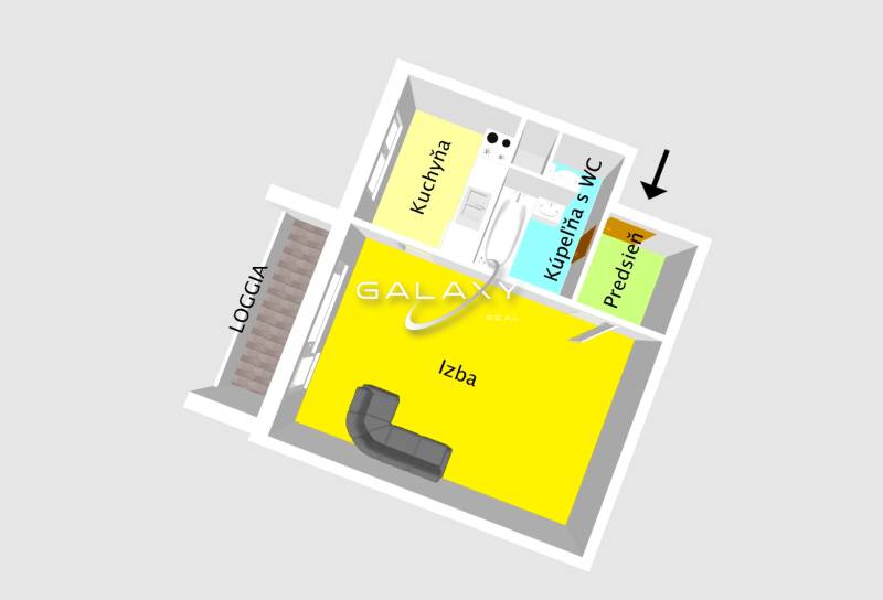Floor plan of a 1-room apartment with a hallway, bathroom, and loggia.