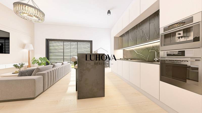 Living room in a family house with a kitchenette and a floor with a wooden decor.