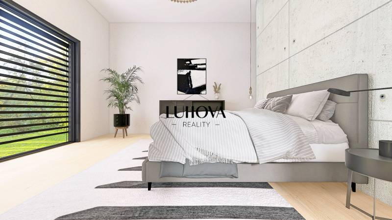 A bedroom in a family house with a comfortable bed, a plant, and large windows.