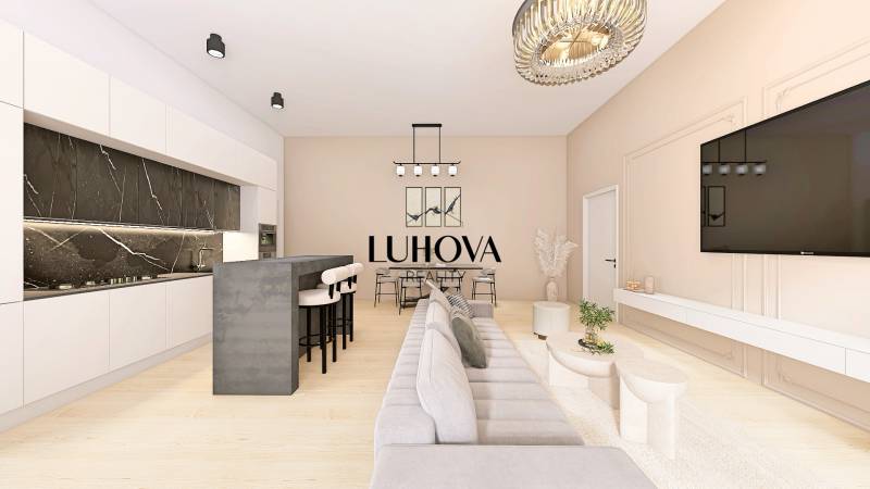Living room with a kitchenette, wooden decor flooring, and light furniture in a family house.