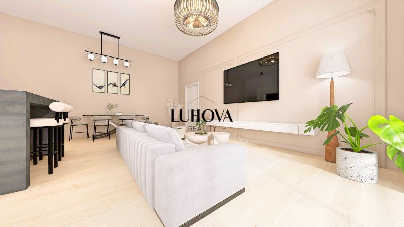 Living room in a family house with a sofa, dining table, and wooden decor flooring.