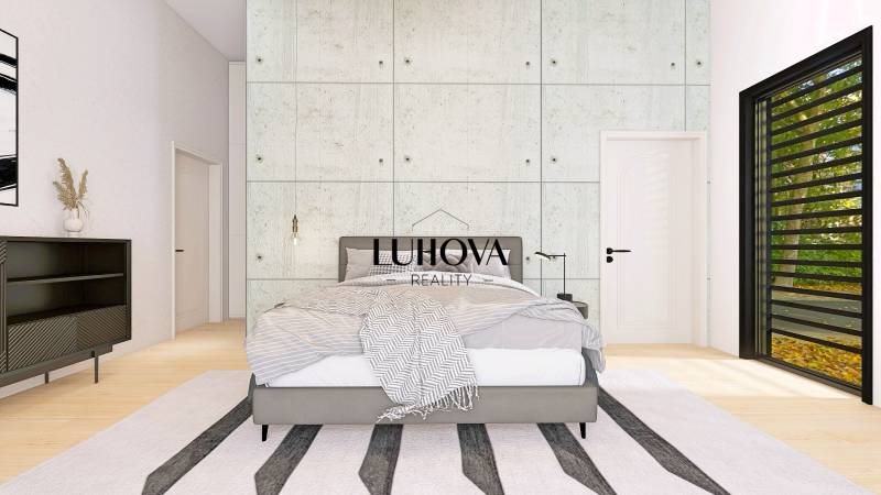 Bedroom in a family house with a bed, cabinet, and large window, floor with wooden decor.