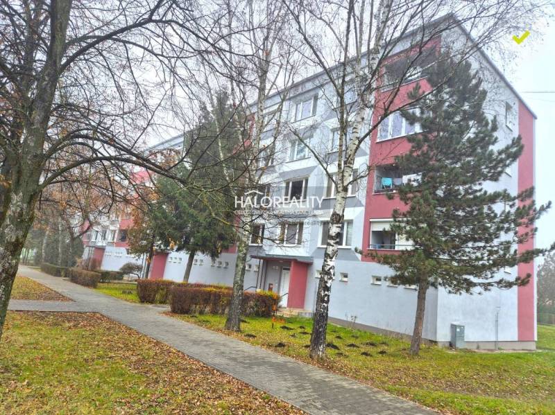 An apartment building in Poltár, where a 3-room apartment is located, surrounded by trees and a walkway.