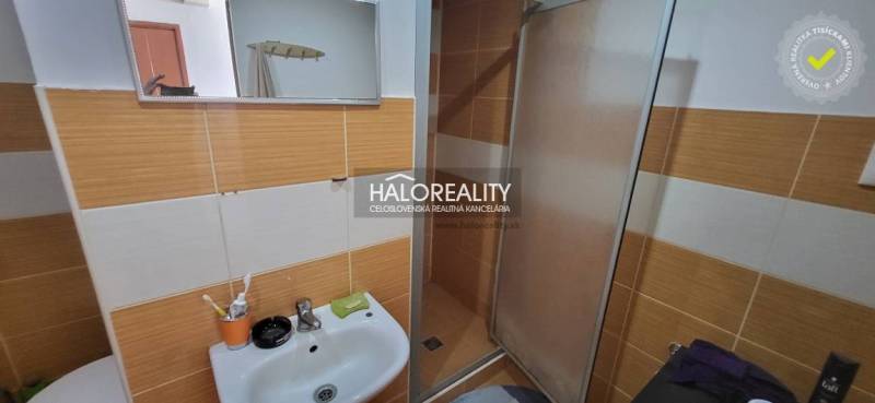 Bathroom with a sink and shower in a studio apartment, orange and white tiles.